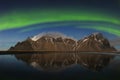 Black sand beach on the Stokksnes headland on southeastern Icelandic coast with Vestrahorn. Aurora borealis Royalty Free Stock Photo