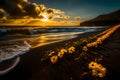 black sand beach with yellow flowers Royalty Free Stock Photo