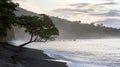 Black sand volcanic beach in Tangkoko National Park. Early fogy morning on the coast of Tangkoko National Park. Sulawesi. Royalty Free Stock Photo