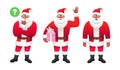 Black Santa Claus was thinking about something. Happy Santa is holding a gift and waving his hand. African Santa Claus is very