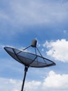 Black satellite dish or TV antennas install on the house roof on blue sky cloudy background Royalty Free Stock Photo