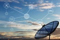Black Satellite dish on twilight background. Royalty Free Stock Photo