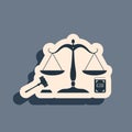 Black Scales of justice, gavel and book icon isolated on grey background. Symbol of law and justice. Concept law. Legal