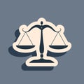 Black Scales of justice icon isolated on grey background. Court of law symbol. Balance scale sign. Long shadow style