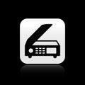 Black Scanner icon isolated on black background. Scan document, paper copy, print office scanner. Silver square button