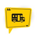 Black School Bus icon isolated on white background. Public transportation symbol. Yellow speech bubble symbol. Vector Royalty Free Stock Photo