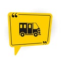 Black School Bus icon isolated on white background. Public transportation symbol. Yellow speech bubble symbol. Vector Royalty Free Stock Photo