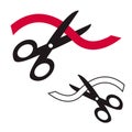 Black scissors cutting red ribbon tape isolated on white background. Vector icon concept of Grand opening. Simple flat Royalty Free Stock Photo