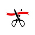 Scissors cutting red ribbon. Tape and scissors. Royalty Free Stock Photo