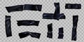 Black scotch. Ripped adhesive duct tape with wrinkles. Plastic sellotape stripes cross for fix. Realistic 3d torn sticky pieces Royalty Free Stock Photo