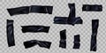 Black scotch. Ripped adhesive duct tape with wrinkles. Plastic sellotape stripes cross for fix. Realistic 3d torn sticky Royalty Free Stock Photo