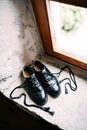 Black Scottish Groom Shoes with Rabbit Leather Long Laces - Ghillie Brogues. Royalty Free Stock Photo