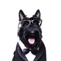 Black scottish terrier wearing business outfit