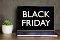 black screen laptop front view on office table with text black friday, succulent plant in pot on wooden desk. Designer workspace. Royalty Free Stock Photo