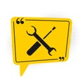 Black Screwdriver and wrench spanner tools icon isolated on white background. Service tool symbol. Yellow speech bubble