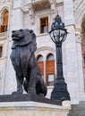 Black sculpture of lion and black lantern behind