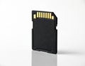 Black SD memory card isolated on white studio background. Compact digital storage device for photos, videos, data. Small Royalty Free Stock Photo