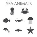 Black sea animal set in outlines Royalty Free Stock Photo