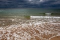 Black Sea. Water with waves. Dark cloudy weather. Deep bright blue water. Before storm. Sand coast Royalty Free Stock Photo