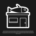 Black Seafood store icon isolated on black background. Facade of seafood market. Vector.