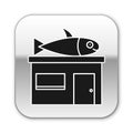 Black Seafood store icon isolated on white background. Facade of seafood market. Silver square button. Vector.