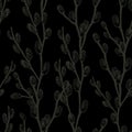 Black seamless background with sprigs of willow