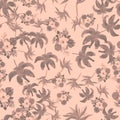 Black Seamless Exotic. Coral Pattern Illustration. Brown Tropical Art. Gray Flower Palm. Pink Watercolor Art. Royalty Free Stock Photo