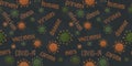 Black seamless pattern with orange and green viruses or coronaviruses with text Royalty Free Stock Photo