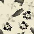 Black Seamless Plant. White Pattern Leaves. Gray Tropical Background. Flower Hibiscus. Floral Illustration. Flora Leaves.