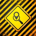 Black Search location icon isolated on yellow background. Magnifying glass with pointer sign. Warning sign. Vector
