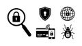 Black secure lock icons with magnifying glass bug shield credit card smartphone digital vector set Royalty Free Stock Photo
