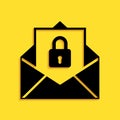 Black Secure mail icon isolated on yellow background. Mailing envelope locked with padlock. Long shadow style. Vector