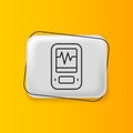 Black Seismograph icon isolated on yellow background. Earthquake analog seismograph. Silver rectangle button. Vector Royalty Free Stock Photo