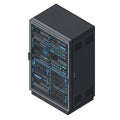 A black server rack is illustrated, containing several server units featuring indicator