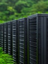 Black Server Racks in Lush Green Environment for Technology and Nature Balance