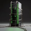 A black server tower with glowing green accents is wrapped in heavy, metallic chains.