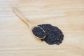 Black sesame seeds in wooden spoon pile