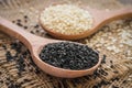 Black sesame and white sesame seed on wooden spoon Royalty Free Stock Photo
