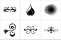 Black set features swirl patterns, halftone dots, teardrop and floral flourish elements Royalty Free Stock Photo