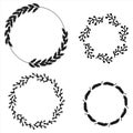 Black set of floral hand-drawn brushes borders round frames, elements in doodle style on white background. Berry christmas ear of Royalty Free Stock Photo