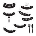 Black set of grilled sausage, barbecue. Vector