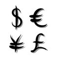 Black set of main currency signs. Signs of dollar and yen, euro and pound on white background with shadow. Vector illustration Royalty Free Stock Photo