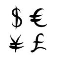 Black set of main currency signs. Signs of dollar and yen, euro and pound on white background. Vector illustration Royalty Free Stock Photo