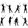 Black set silhouette of female badminton player on white background Royalty Free Stock Photo