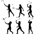 Black set silhouette of female badminton player on white background Royalty Free Stock Photo