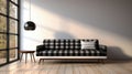 Black seventies style sofa in a modern living room . 3D rendering. Vintage style.