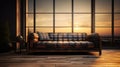 Black seventies style sofa in a modern living room . 3D rendering. Vintage style.