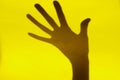 Black shadow of female hand on the yellow wall background. Silhouette of female hand on the wall. Strange abstract background.