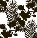 Black Shape Seamless Pattern with Drawn Flowers Plants