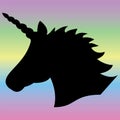 Black shape silhouette of the magical unicorn on the rainbow effect background